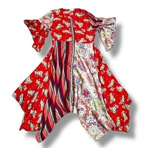 Umgee Boho Midi Dress Medium Patchwork Mixed Print Button Up Handkerchief Hem